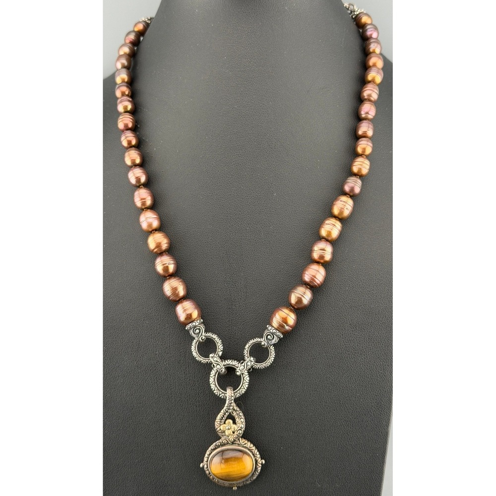Vintage Barbara Bixby Necklace 18K Sterling Silver Tigers Eye Chocolate Pearls
